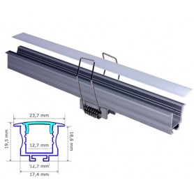 Profilé encastré avec ressort Aluminium 23,7-19,5mm diffuseur Dépoli avec accessoires --- 1m/2m